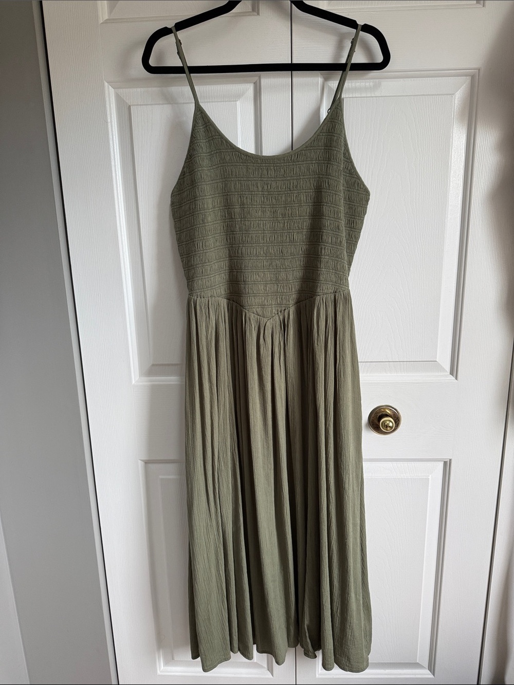 aerie Olive Green Smocked Bodice Spaghetti Strap Midi Dress